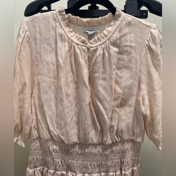 Nine West Smocked Pink Delicate Patterned Puff Sleeve Peasant Mini Dress - Good - Picture 4 of 9